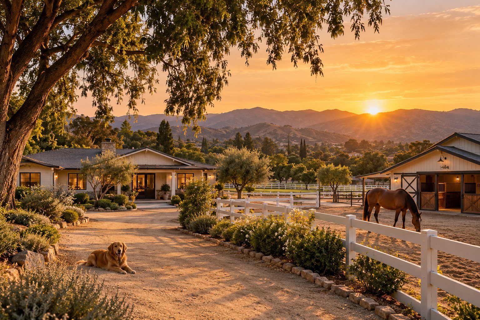 Illustrative foothill ranch property at sunset, with a one-story white house, stables, horse, dog and surrounding hills