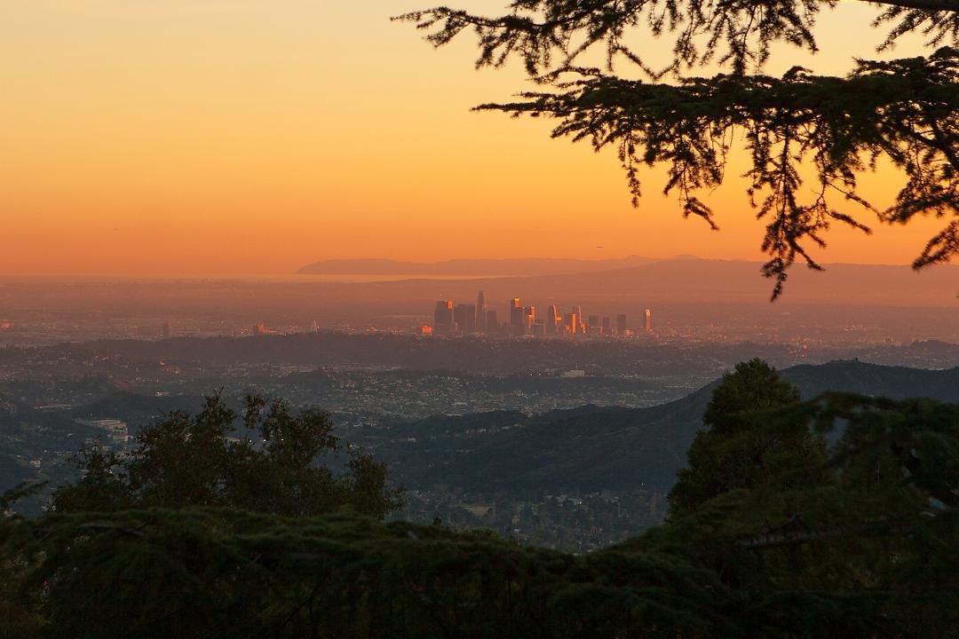 Downtown Los Angeles at sunset viewed from the La Crescenta foothills